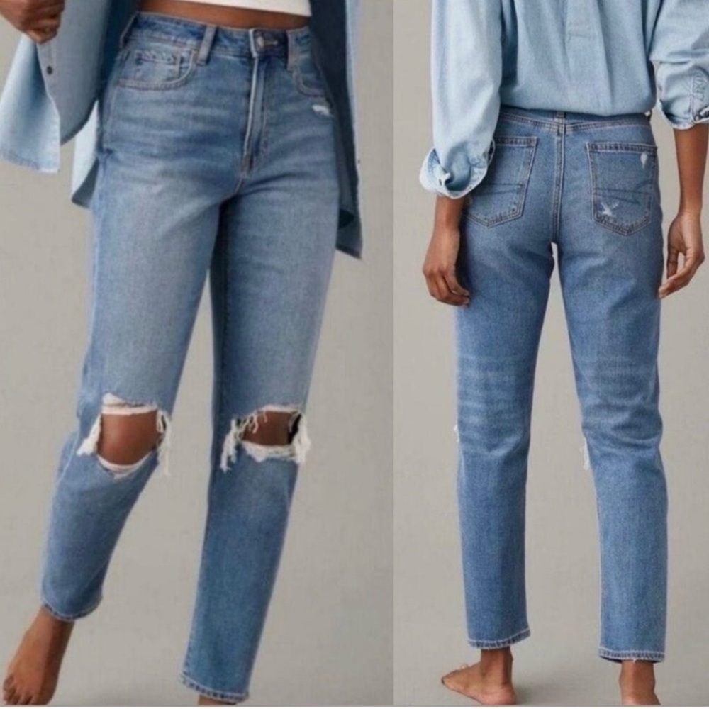 American Eagle High Rise Distressed Medium Wash Mom Jeans